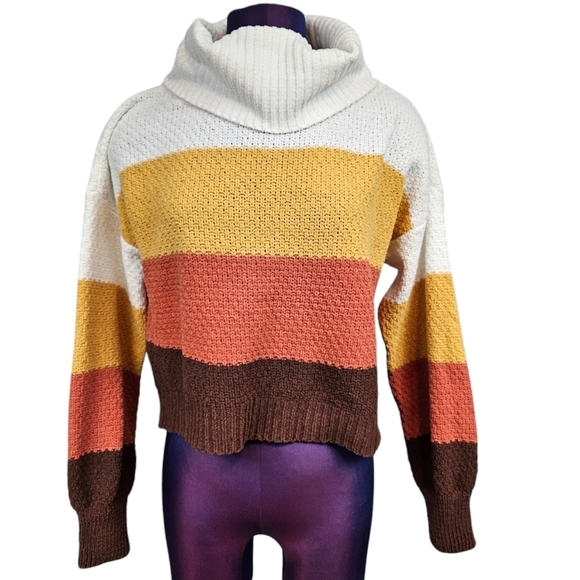 NWT Almost Famous Earth Tone Striped Cowl Neck‎ Sweater Size Medium Women's B76 - Picture 1 of 9